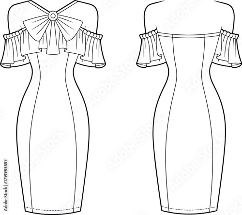 Fashion dress technical illustration, women’s off shoulder ruffle sleeve design, front and back view, CAD drawing, flat vector illustration, garment sketch