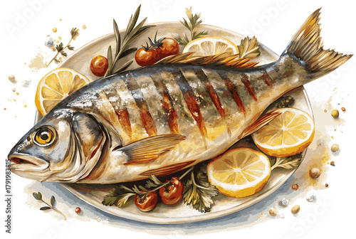 Digital watercolor grilled fish illustration, white background