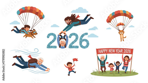 New Year 2026: A vibrant and colorful collection of illustrations captures the spirit of New Year's, featuring various figures and scenes associated with new beginnings, hopes, and dreams.