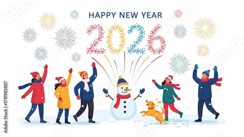 New Year Celebration 2026: A vibrant and joyous scene unfolds as a group of people, alongside a snowman and playful canine companion.