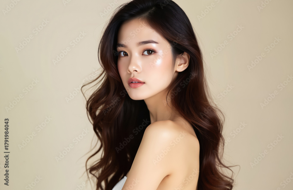 Fototapeta premium Young Asian woman poses for beauty studio shot. Long dark wavy hair, glowing healthy skin, subtle makeup applied. Female model appears calm, serene. Portrait shows natural face, clean skin, elegant