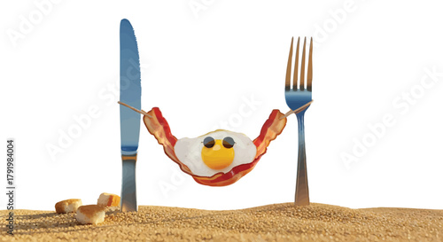 Whimsical breakfast scene egg in hammock with bacon slices