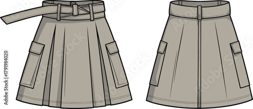 Khaki skirt technical sketch, flat vector illustration, CAD drawing, front and back view, pleated design, belt buckle, flap pockets, seam detail