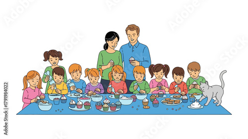 Sweetest moments: children are crafting cupcakes with their parent, surrounded by a table full of colorful and delectable treats, which capture an atmosphere of learning and familial togetherness.