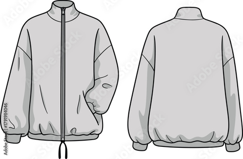 Light gray zip up jacket front and back view, high collar fashion outerwear, vector flat CAD drawing illustration design