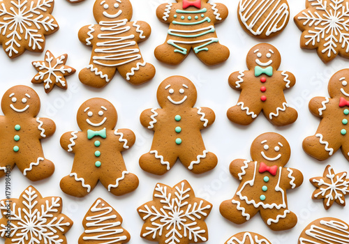 Assorted decorated gingerbread cookies gingerbread men on white background