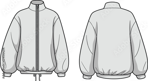 Long sleeve fashion jacket technical flat sketch, high collar zipper front elastic cuff hem drawstring design, cad drawing flat vector illustration