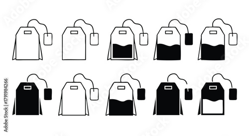 Different stages of tea brewing represented in simple line art drawing