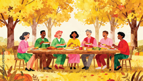 Autumn Outdoor Gathering Dinner, Happy Friends Sharing Festive Meal in Fall Forest Setting, Warm Thanksgiving Celebration Illustration
