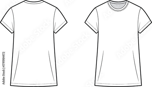 Plain white t shirt front and back view, fashion garment template, apparel design outline, clothing mockup, cad drawing flat vector illustration