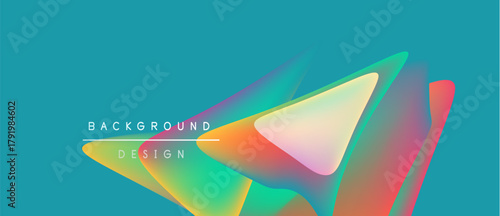 Abstract colorful shapes overlap turquoise backdrop. Modern design elements create vibrant visual impact. Simple text labels background, design.