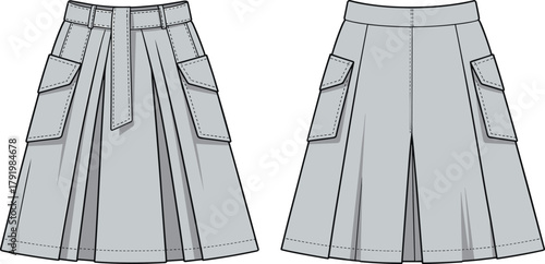 Skirt fashion design, pleated skirt, front view, back view, waistband, belt loops, patch pockets, flared silhouette, garment construction, cad drawing flat vector illustration