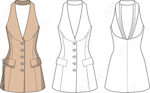 Sleeveless blazer dress, beige fashion illustration, technical flat sketch, tailored garment design, lapel collar, buttons, pockets, seam lines, vector clothing drawing
