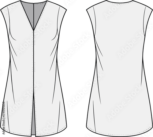 Sleeveless tunic front view, back view, v neckline, curved hemline, fashion flat sketch, apparel design, cad drawing, vector illustration, garment template