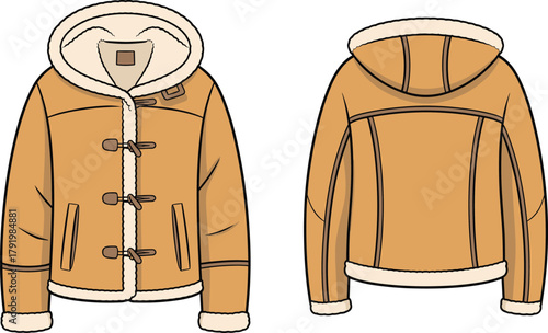Tan shearling jacket front view, back view, hooded toggle coat, winter outerwear fashion, warm fleece lining, stylish garment illustration, cad drawing flat vector illustration