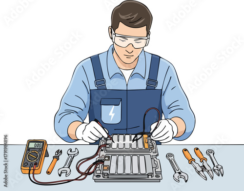 An electrician wearing safety goggles and gloves works on electrical equipment with various tools, engaging in manual labor with a focused expression.