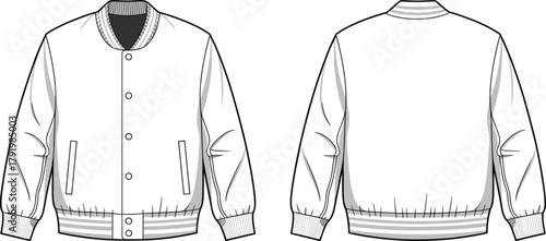 Varsity style jacket fashion sketch, front and back view, ribbed collar cuffs waistband, snap button closure, pockets, cad drawing flat vector illustration
