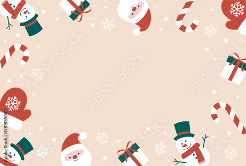 Christmas vector background with santa claus, snowman, gift box, candy cane and mittens