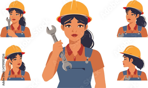 A determined female construction worker, wearing a yellow hard hat and holding a wrench, confidently poses in various angles, ready for work.