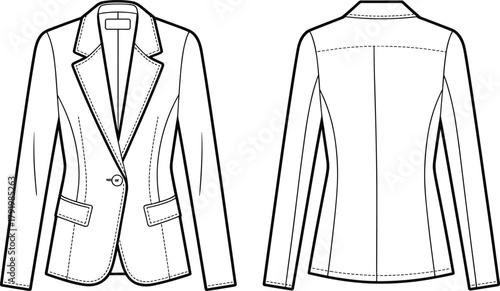 Women’s blazer flat sketch, fashion technical drawing, tailored jacket front and back view, CAD vector illustration, garment design template