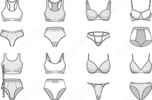 Women lingerie, bra styles, panties collection, underwear fashion, seamless design, sports bra, bralette, thong, g‑string, bikini, cad drawing flat vector illustration
