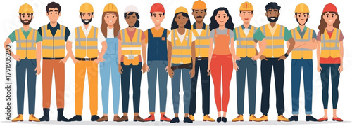 Diverse group of construction workers standing together, representing teamwork, collaboration, and the construction industry, ready for work.