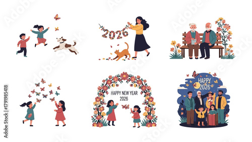 New Year Celebrations: A festive ensemble of illustrations celebrating New Year, featuring joyful people and decorations.