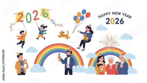 New Year's Celebration: Colorful and joyful scene, families and friends celebrate the new year, filled with kites, balloons, and fireworks, symbolizing hope and joy for 2026.