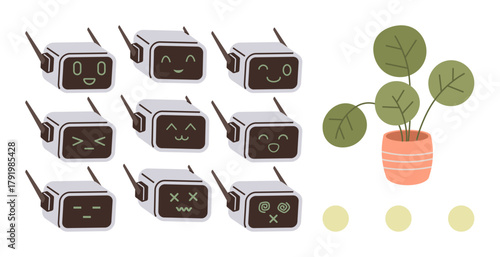Grid of nine robot faces displaying different emotions with cartoon-thumbs up expressions next to a simple potted plant. Ideal for technology, AI emotion, robotics, eco-friendliness, innovation