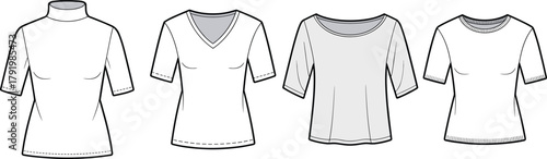 Women’s fashion tops, mock neck, v-neck, scoop neck, crew neck, clothing design, apparel illustration, neckline styles, vector art, CAD drawing
