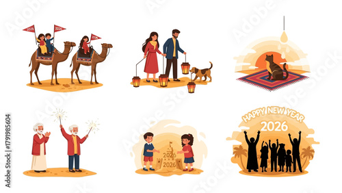 Diverse Cultural Celebrations: A colorful collage of cultural celebrations, showcasing festive traditions, joy, and the essence of togetherness, with a group of people, camel riding and fireworks.