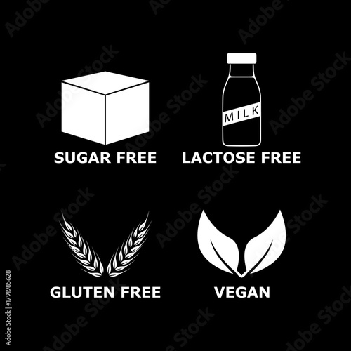 Gluten, sugar, lactose free, vegan icon isolated on black background