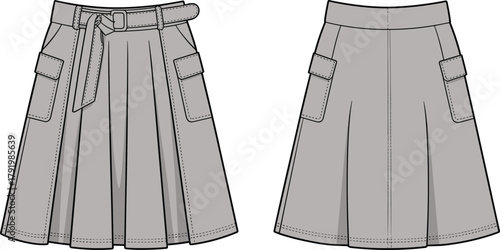 Women’s skirt flat sketch, fashion CAD drawing, vector illustration, technical garment design, pleated skirt front and back view, belt pockets detail