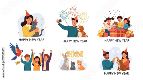 Celebrating the New Year: A vibrant collection of illustrations capturing the joy and togetherness of celebrating the New Year with pets and family, and the joy of welcoming a new year.