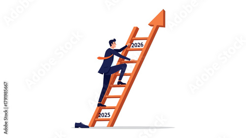 Striving for Success: A determined figure ascends a ladder of opportunity, symbolized by an upward arrow, marking progress toward future goals.