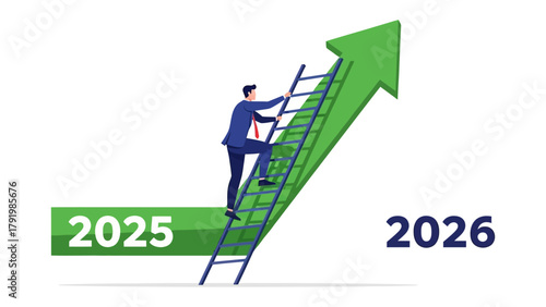 Vision of Ascent: A determined individual, clad in a suit, navigates a ladder that seamlessly merges with a vibrant green arrow, symbolizing growth and ambition, towards the milestone of 2026.