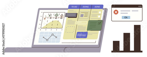 Open laptop with graphs and workflow board, error alert popup, and bar chart. Ideal for productivity, project planning, goal tracking, data analysis, task management, troubleshooting simple flat