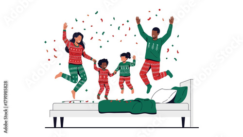 Joyful Family Jump: A vibrant illustration captures the exuberant energy of a family jumping on a bed, showered with confetti. This illustration encapsulates the essence of happiness. 