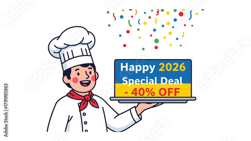 Chef's Special Offer: A cheerful chef presents a special deal on a serving tray, announcing a discount, possibly for a celebration.