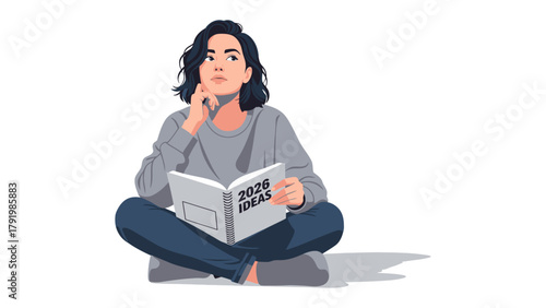 Thoughtful Planner: A woman sits cross-legged, engrossed in a book of 2026 Ideas, lost in thought, the illustration captures the essence of contemplation and future planning.
