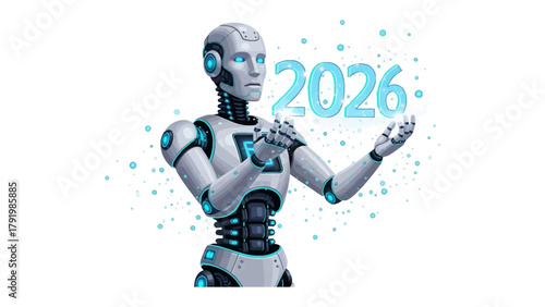 Futuristic Vision: A sleek, modern robot, bathed in cool tones, delicately cradles the year 2026, symbolizing an exciting vision of technological advancement and the future of innovation.