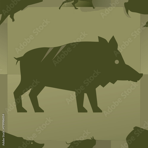 A wild boar silhouette is depicted in a repeating pattern, creating a camouflagelike effect, suitable for hunting themes