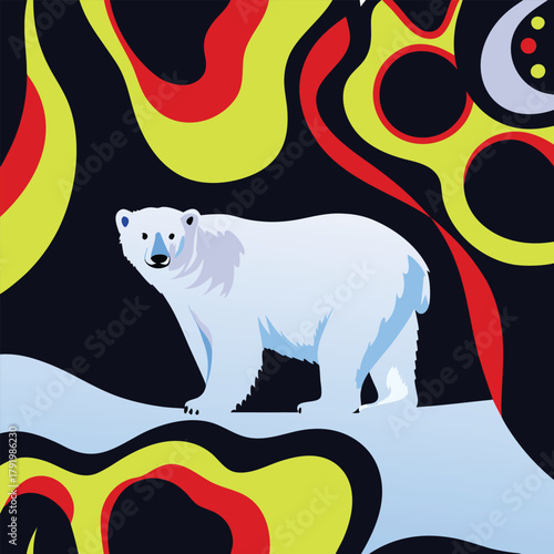 A polar bear stands on an ice floe against a backdrop of abstract shapes and vibrant colors, creating a unique scene