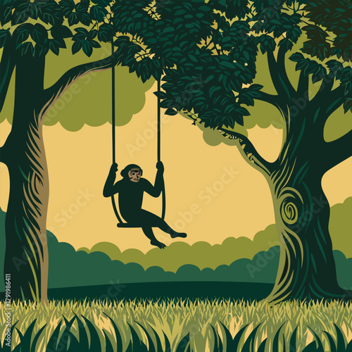 Illustration of a chimpanzee swinging on a swing between two trees in a lush green forest setting
