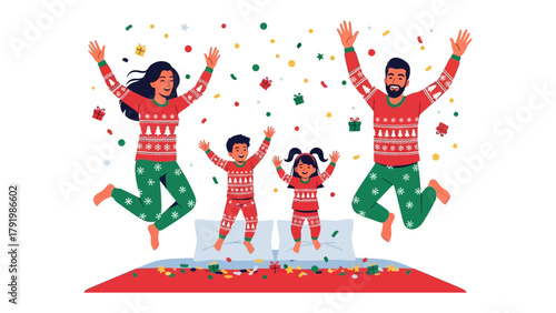 Joyful Family Christmas Jump: A cheerful family, dressed in festive attire, leaps with glee on Christmas, with joy and celebration. captures the spirit of holiday cheer and togetherness.