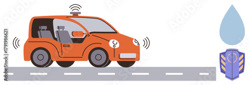 Orange self-driving car equipped with sensors on a road. Features connectivity and safety mechanisms. Ideal for autonomous driving, smart transport, innovation, technology, automation, urban design