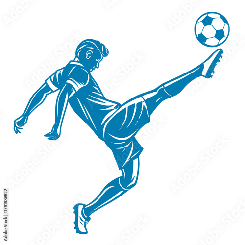 Illustration of a soccer player kicking a ball in the air with blue lines on a white background design created with generated ai