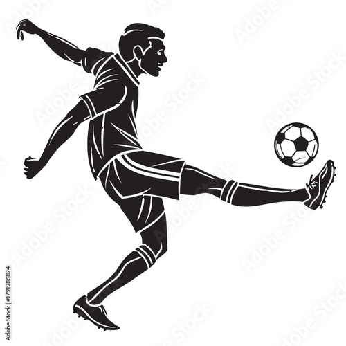 Silhouette of a soccer player kicking a ball with his right foot in a dynamic action scene design created with generated ai