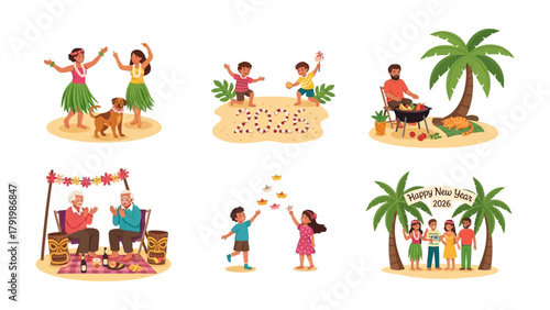Tropical Bliss: Capturing a variety of scenes, including children playing, a family enjoying a barbeque, and others celebrating the New Year under the shade of palm trees.