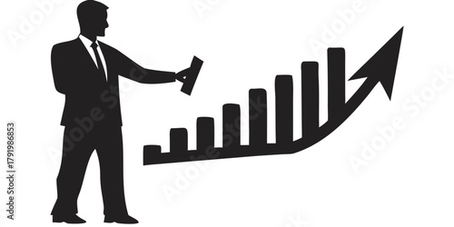 Silhouette of a businessman pointing to a rising bar graph with an upward pointing arrow line created with generated ai